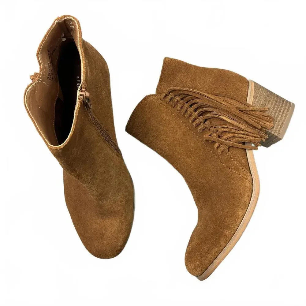 Kenneth Cole Reaction Rowdy Brown Suede Ankle Boots with Fringe Detail Sz 7.5